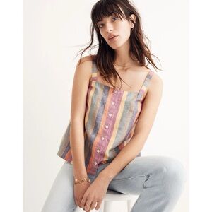 Madewell Rainbow Stripe Button-Front Tank Top Peacock Meadow Green Linen Cotton